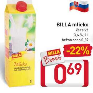 BILLA mlieko  1 l
