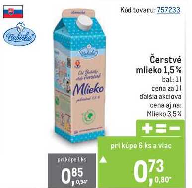 Čerstvé mlieko 1,5% 1l
