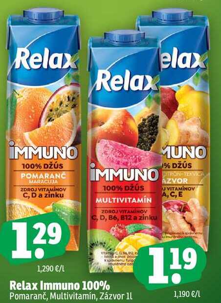 Relax Immuno 100% Pomaranč, Multivitamin, Zázvor 1l v akcii | Zlacnene.sk