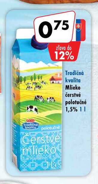 Mlieko čerstvé polotučné 1,5% 1 l