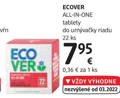 ECOVER ALL-IN-ONE tablety do umývačky riadu, 22 ks