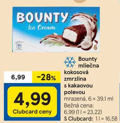 Bounty mliečna kokosová zmrzlina s kakaovou polevou mrazená, 6 x 39,1 ml