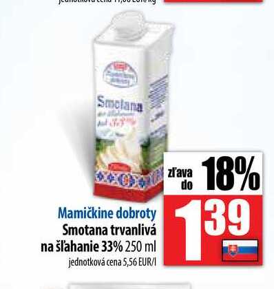 Smotana trvanlivá na šľahanie 33% 250 ml 