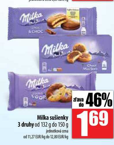 Milka sušienky 3 druhy od 132g do 150 g 