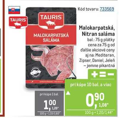 TAURIS Malokarpatská / Nitran saláma plátky 75 g
