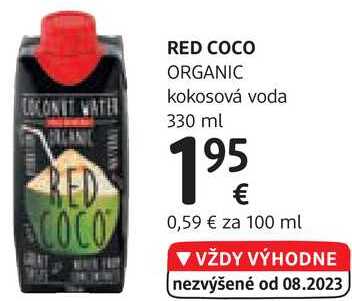 RED COCO ORGANIC kokosová voda, 330 ml