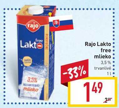 Rajo Lakto free mlieko 3,5% trvanlivé 1 l