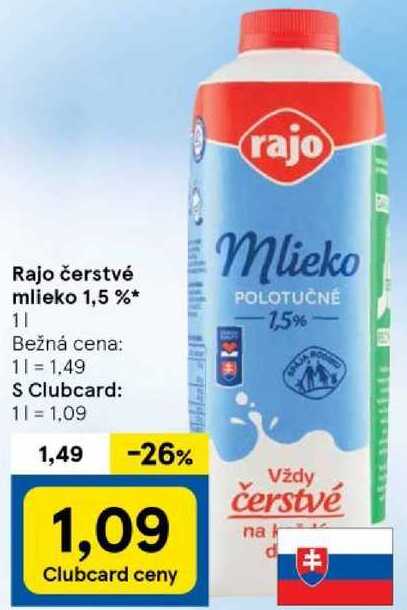 Rajo čerstvé mlieko 1,5 %, 1 l
