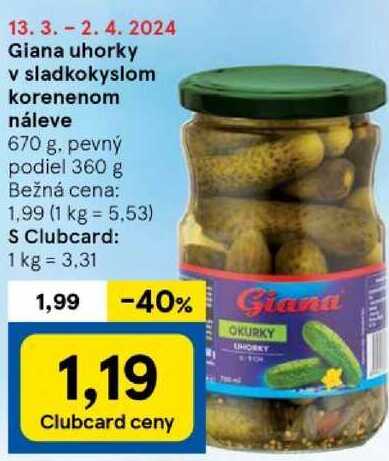 Giana uhorky v sladkokyslom korenenom náleve, 670 g