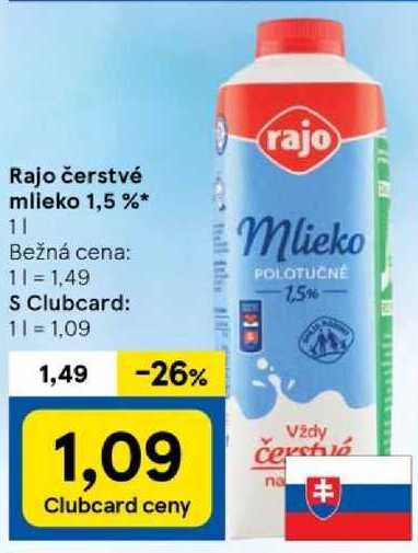 Rajo čerstvé mlieko 1,5 %, 1 l