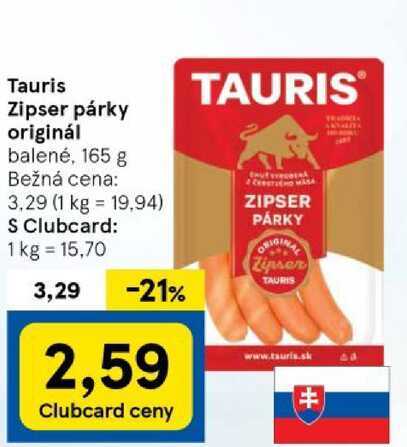 Tauris Zipser párky originál, 165 g 