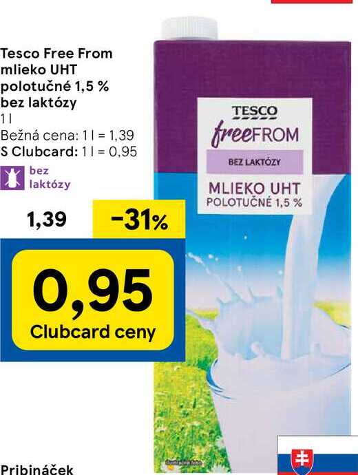 Tesco Free From mlieko UHT polotučné 1,5% bez laktózy, 1 l v akcii