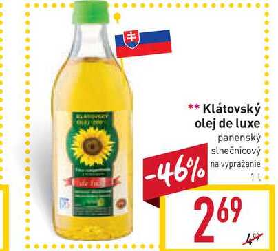 Klátovský olej de luxe panenský slnečnicový na vyprážanie 1l