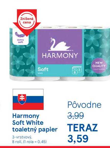 Harmony Soft White toaletný papier 3-vrstvový, 8 rolí 