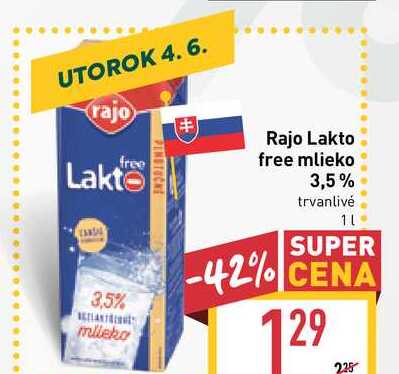 Rajo Lakto free mlieko 3,5% trvanlivé 1l