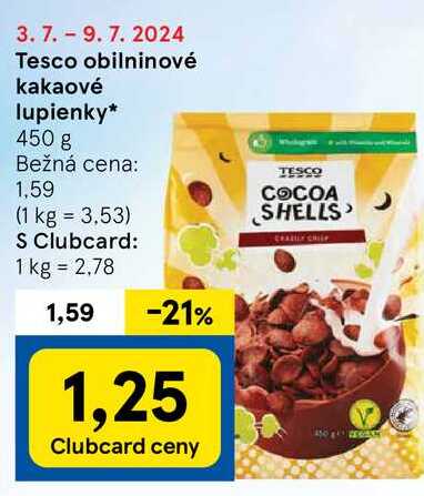 Tesco obilninové kakaové lupienky, 450 g