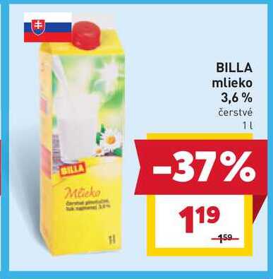 BILLA mlieko 3,6% čerstvé 1L v akcii
