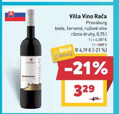 Villa Vino Rača Pressburg biele, červené, ružové víno 0,75L