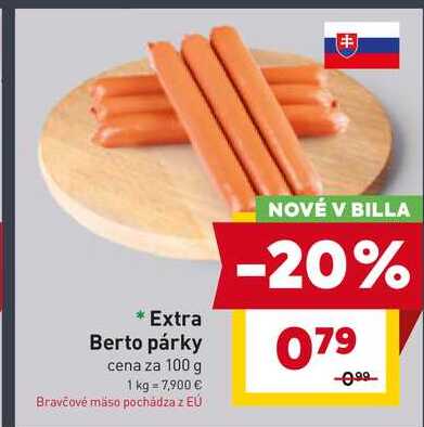 Extra Berto párky cena za 100 g