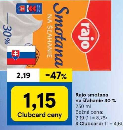 Rajo smotana na šľahanie 30%, 250 ml  v akcii