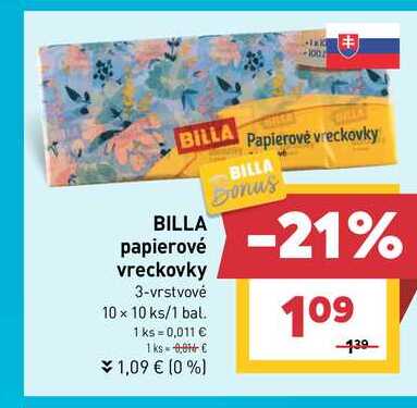 BILLA papierové vreckovky 3-vrstvové 10 x 10 ks