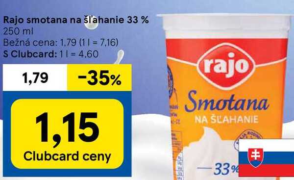 Rajo smotana na šľahanie 33 %, 250 ml 