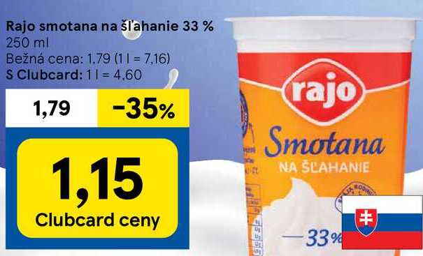 Rajo smotana na šľahanie 33 %, 250 ml