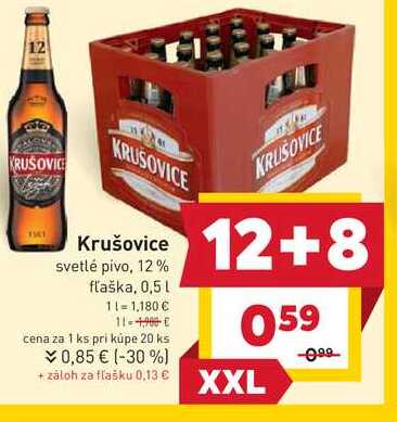 Krušovice svetlé pivo, 12% fľaška, 20x0,5l (cena za ks)