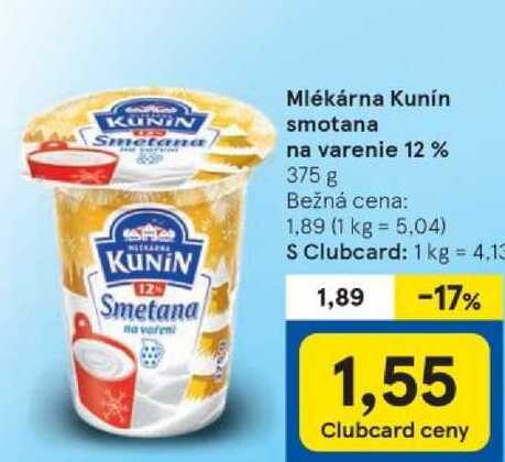 Mlékárna Kunín smotana na varenie 12 %, 375 g