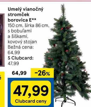 Umelý vianočný stromček borovica E 150 cm, šírka 86 cm. s bobul'ami a šiškami, kovový stojan 