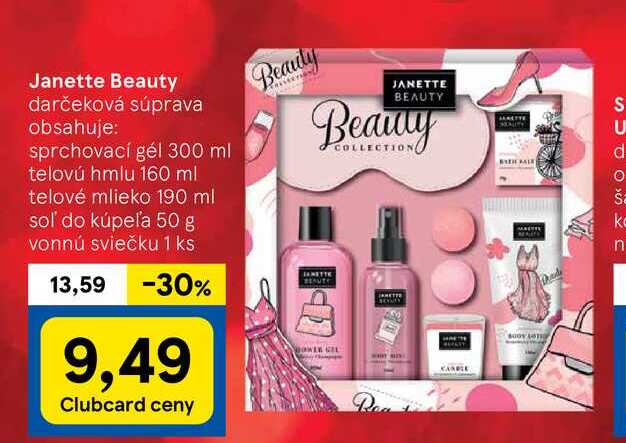 Janette Beauty darčeková súprava obsahuje: sprchovací gél 300 ml telovú hmlu 160 ml telové mlieko 190 ml soľ do kúpeľa 50 g vonnú sviečku 1 ks 