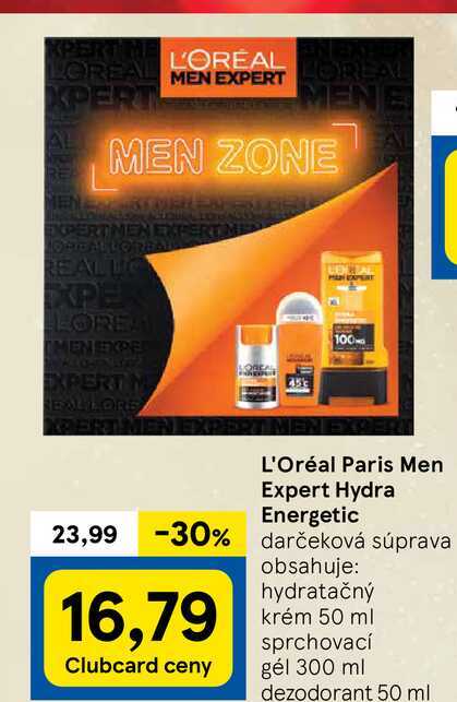 L'Oréal Paris Men Expert Hydra Energetic darčeková súprava obsahuje: hydratačný krém 50 ml Clubcard ceny sprchovací gél 300 ml dezodorant 50 ml 