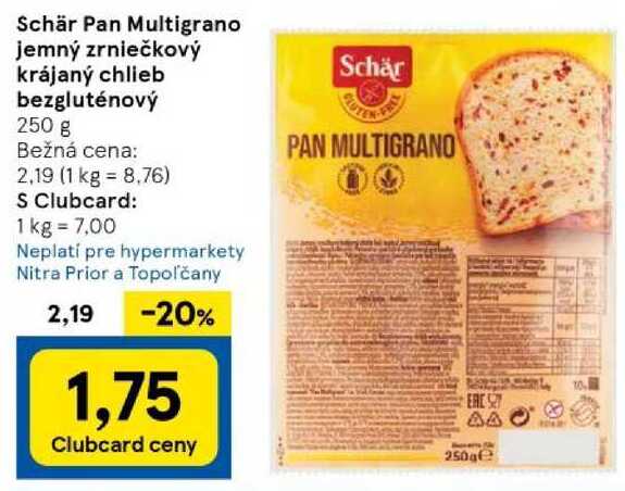 Schär Pan Multigrano jemný zrniečkový krájaný chlieb bezgluténový, 250 g 