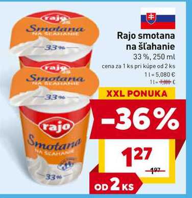 Rajo smotana na šľahanie 33%, 250 ml 