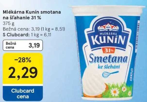 Mlékárna Kunín smotana na šľahanie 31%, 375 g 