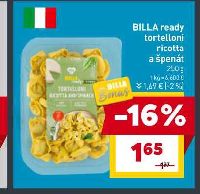 BILLA ready tortelloni ricotta a špenát 250 g 