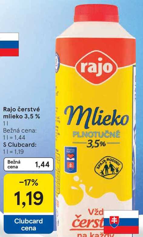 Rajo čerstvé mlieko 3,5 %, 1 l v akcii