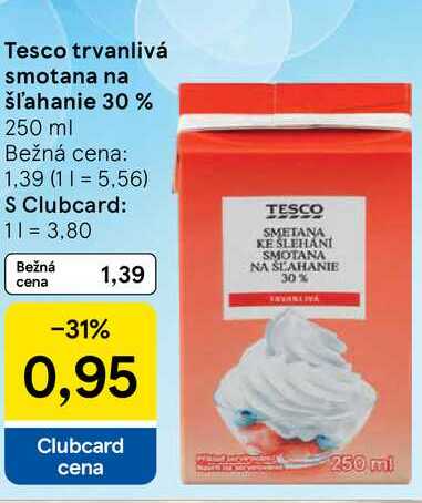 Tesco trvanlivá smotana na šľahanie 30 %, 250 ml 