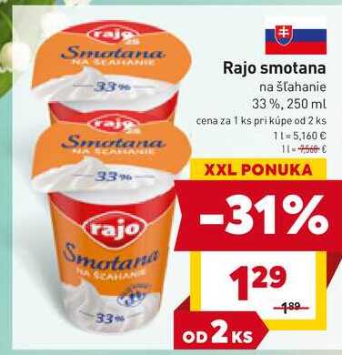 Rajo smotana na šľahanie 33%, 250 ml 