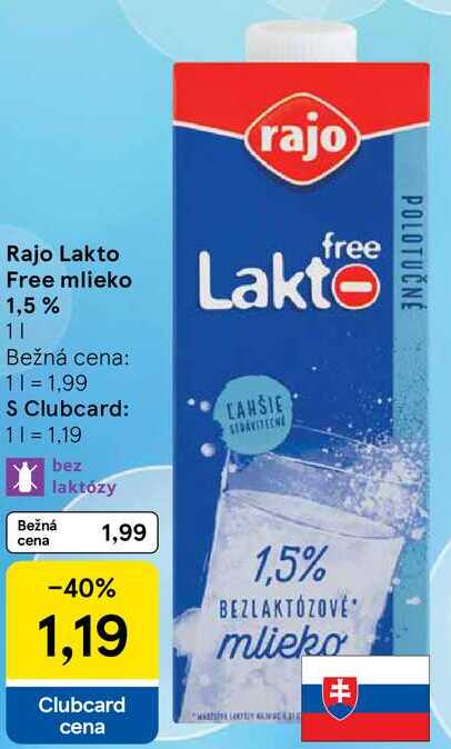 Rajo Lakto Free mlieko 1,5%, 1 l