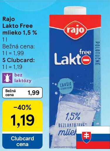 Rajo Lakto Free mlieko 1,5 %, 1 l