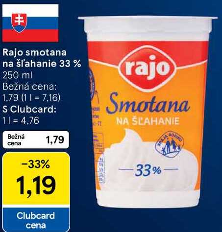 Rajo smotana na šľahanie 33 %, 250 ml 