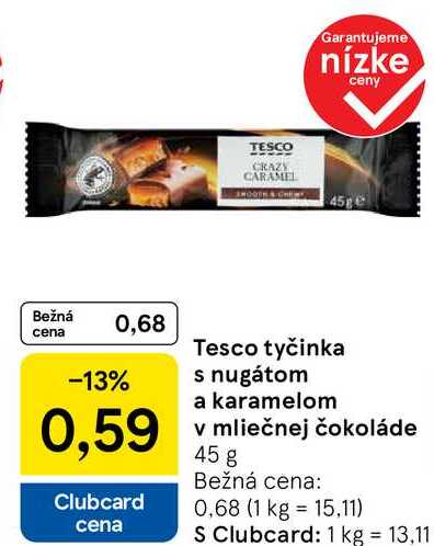 Tesco tyčinka s nugátom a karamelom v mliečnej čokoláde, 45 g