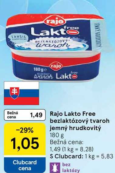 Rajo Lakto Free bezlaktózový tvaroh jemný hrudkovitý, 180 g 