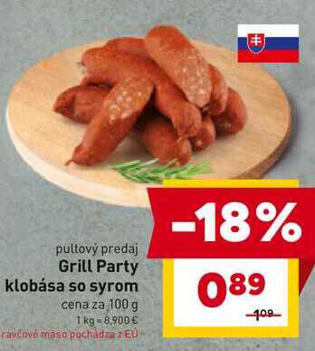 Grill Party klobása so syrom cena za 100 g