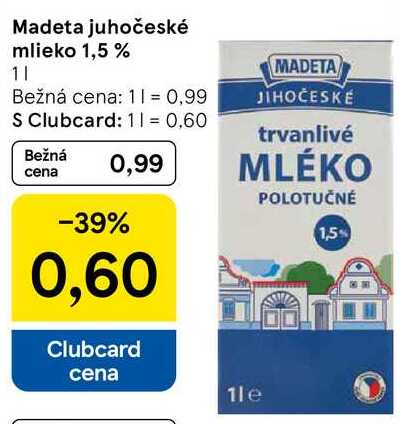 Madeta juhočeské mlieko 1,5 %, 1 l