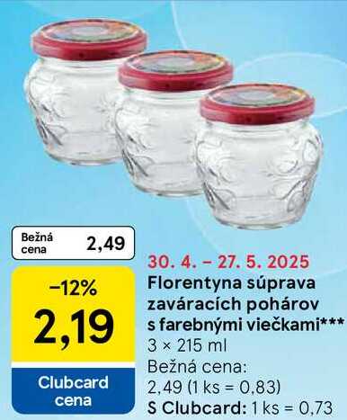 Florentyna súprava zaváracích pohárov s farebnými viečkami, 3x 215 ml 