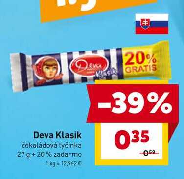 Deva Klasik čokoládová tyčinka 27 g +20% zadarmo