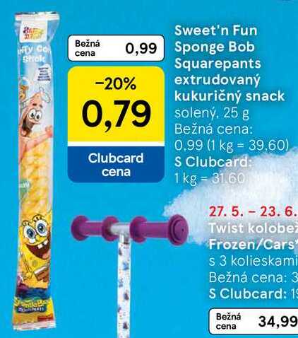 Sweet'n Fun Sponge Bob Squarepants extrudovaný kukuričný snack, 25 g