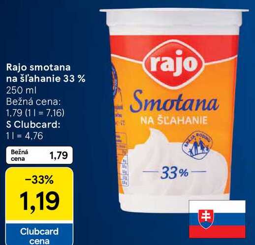 Rajo smotana na šľahanie 33%, 250 ml 